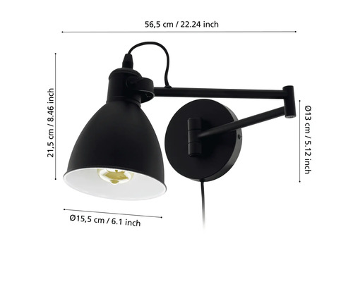 Schwenkbare Wandleuchte mit Maßen.