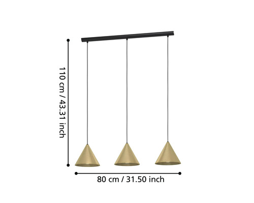 Pendelleuchte mit drei Lampenschirmen und Maßangaben.
