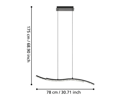 Wellenförmige Hängeleuchte mit den Maßen 78 cm mal 175 cm.