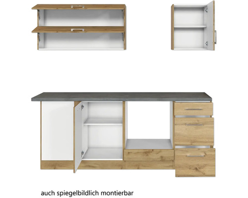 Cuisine équipée avec éléments hauts, éléments bas et tiroirs