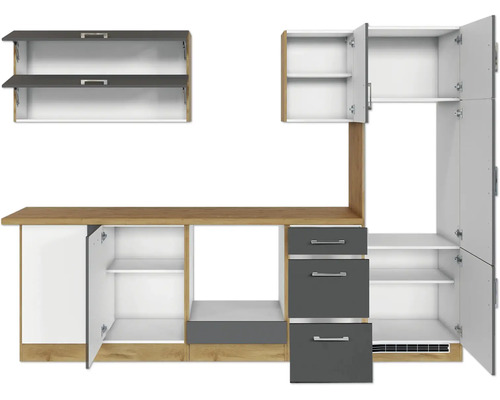 Cuisine équipée avec armoires, tiroirs et plan de travail