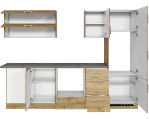 Cuisine équipée avec plan de travail, tiroirs et armoires