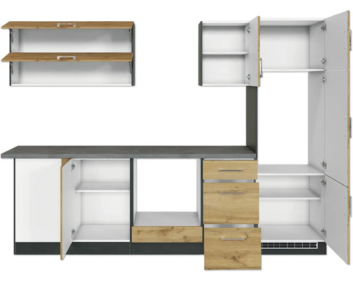 Cuisine équipée avec armoires, tiroirs et plan de travail