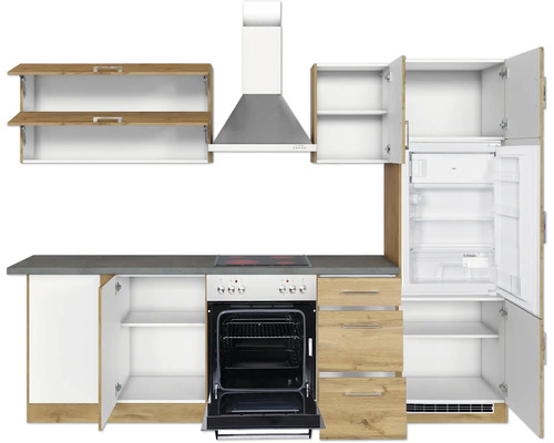 Cuisine équipée avec éléments hauts et bas, hotte aspirante, cuisinière et réfrigérateur