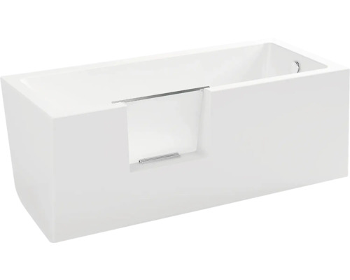 Baignoire rectangulaire avec porte de baignoire et aide à l''entrée.