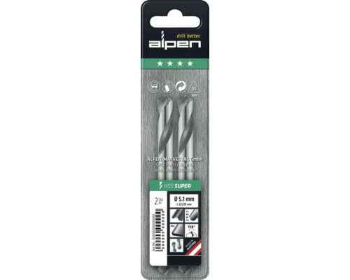 Alpen Foret en acier HSS extra court L : 62 x Ø 5.1 mm pack de 2