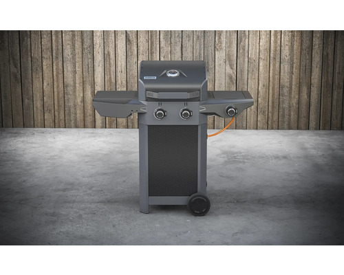 Barbecue à gaz avec deux brûleurs et deux étagères de rangement