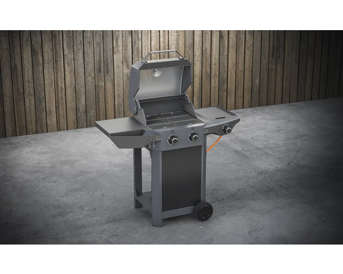 Gril à gaz avec deux brûleurs, surfaces de rangement et couvercle ouvert