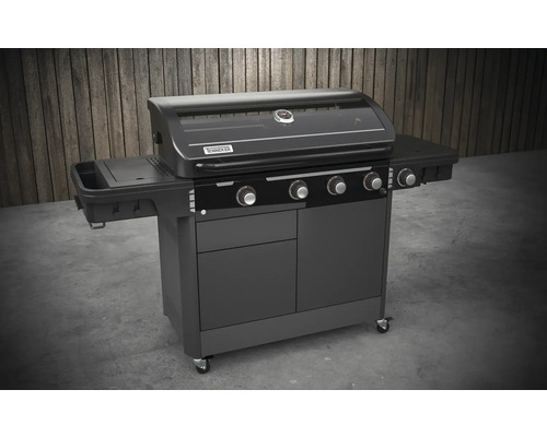 Barbecue à gaz avec quatre brûleurs, étagères, placard et roulettes