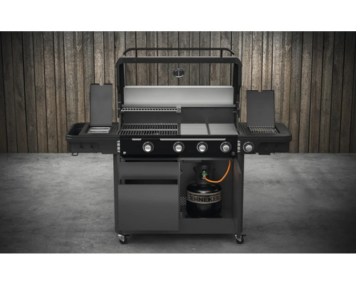 Barbecue à gaz avec quatre brûleurs, réchaud latéral et armoire inférieure pour la bouteille de gaz