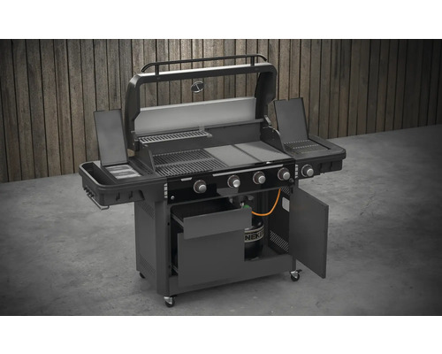 Gril à gaz avec plusieurs brûleurs et espace de rangement pour l''extérieur
