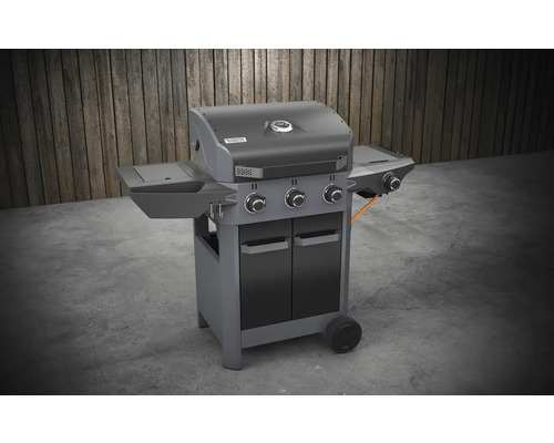Gril à gaz avec trois brûleurs, tables latérales et armoire
