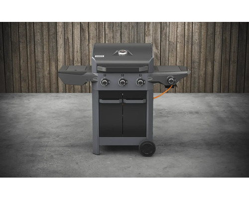 Gril à gaz avec trois brûleurs, tables latérales et armoire basse