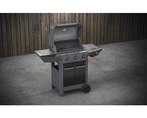 Grill à gaz avec trois brûleurs, surfaces de rangement et meuble bas