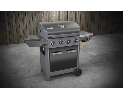 Gasgrill mit vier Brennern, Ablageflächen, Unterschrank und Rollen