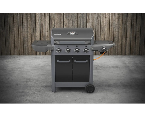 Gasgrill mit vier Brennern, Seitentischen und Unterschrank