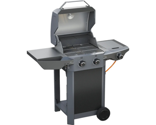 Barbecue à gaz avec couvercle ouvert, grilles et tablettes latérales