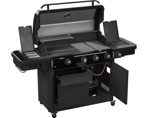 Barbecue à gaz noir avec quatre brûleurs, tablettes latérales et couvercle ouvert.