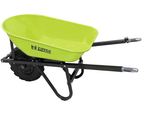 Grüne Schubkarre mit einem Rad für den Transport von Materialien im Garten oder auf der Baustelle.