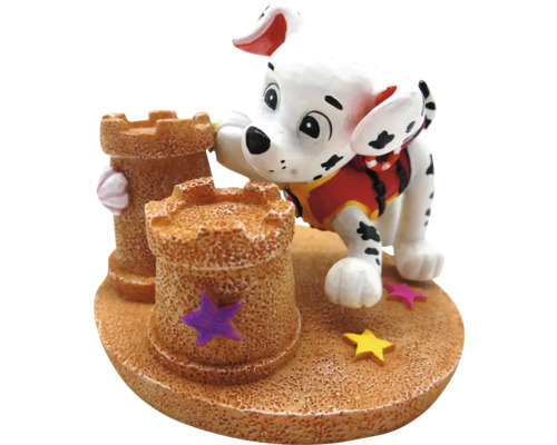 Décoration pour aquarium avec figurine de chien et château de sable