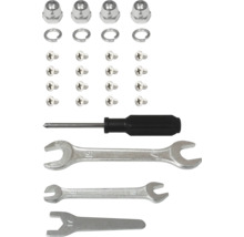 Kit de montage avec vis, écrous, rondelles, tournevis et clés
