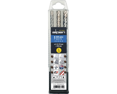 Set de forets Alpen SDS-plus avec trois forets de tailles 6, 8 et 10 mm, longueur 160 mm