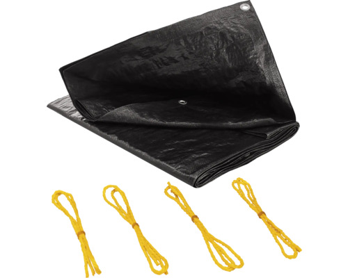 Schwarze Abdeckplane mit Ösen und gelben Spannseilen