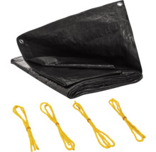 Schwarze Abdeckplane mit Ösen und gelben Befestigungsseilen