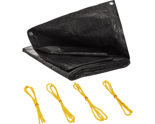 Schwarze Abdeckplane mit Ösen und gelben Befestigungsseilen