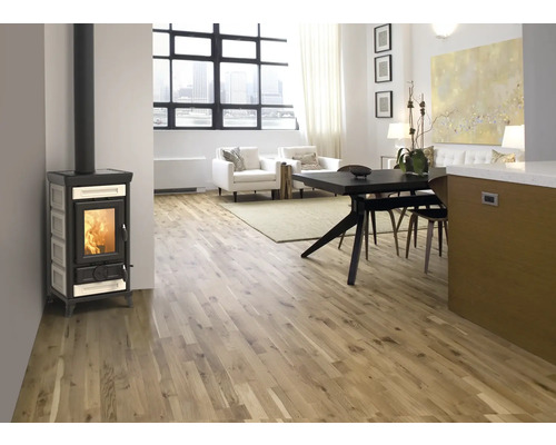 Wohnzimmer mit Kaminofen, Esstisch und Sitzbereich