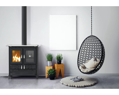 Salon avec poêle à bois, fauteuil suspendu et plantes