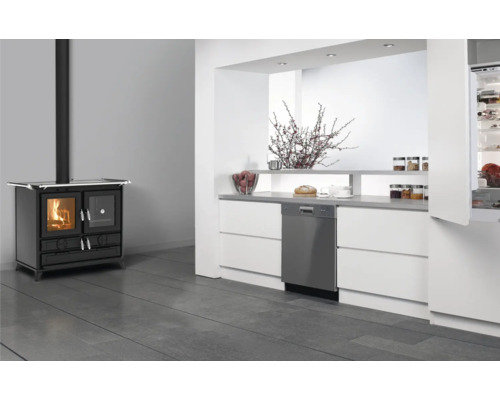 Cuisine moderne avec four à bois, lave-vaisselle et réfrigérateur