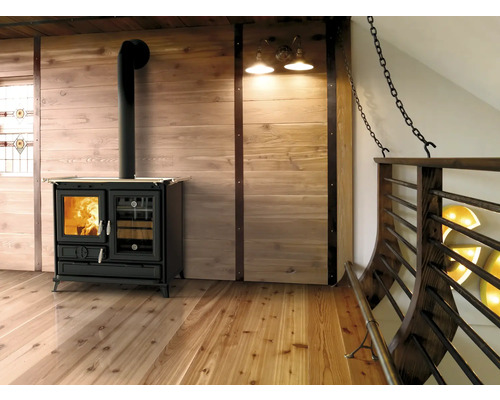 Intérieur avec poêle à bois et lambris