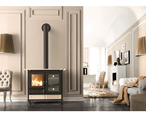 Salon avec poêle à bois et système de tuyaux