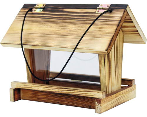 Vogelhaus aus Holz mit transparenten Wänden und Seilaufhängung
