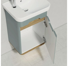 Meuble sous-lavabo avec porte ouverte dans la salle de bain