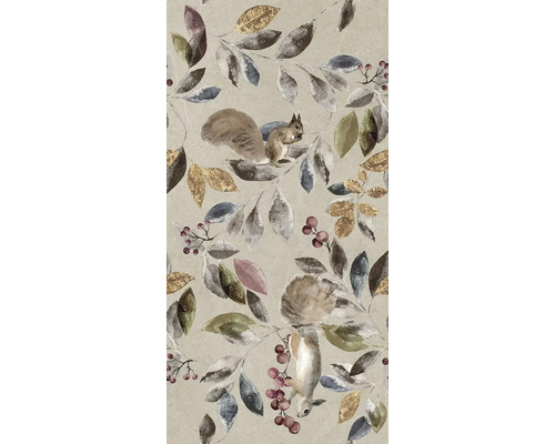 Papier peint avec des feuilles, des baies et un motif d''écureuil