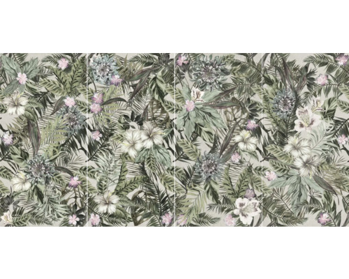 Tapete mit tropischen Pflanzenmotiven und Blüten