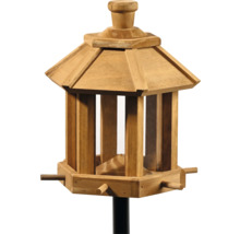 Vogelhaus aus Holz mit Dach und Futterplatz