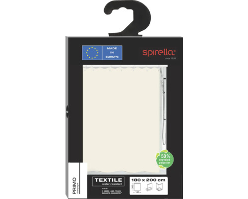 Rideau de douche Spirella Primo, 180x200 cm, en 50 % polyester recyclé, hydrofuge, fabriqué en Europe