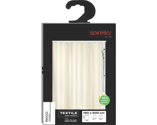 Rideau de douche Spirella Ricco, 180 sur 200 centimètres, composé à 50 % de polyester recyclé, hydrofuge