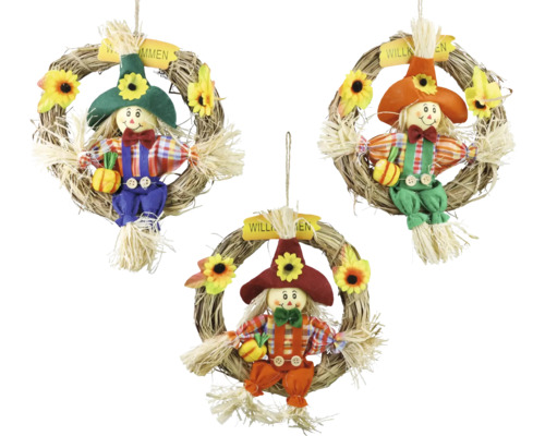 Dekorative Strohpuppen-Kränze mit Willkommensschildern und Sonnenblumen, herbstliche Dekoration