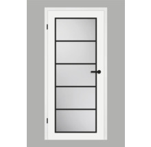 Porte intérieure blanche avec cinq panneaux de verre rectangulaires et cadre noir