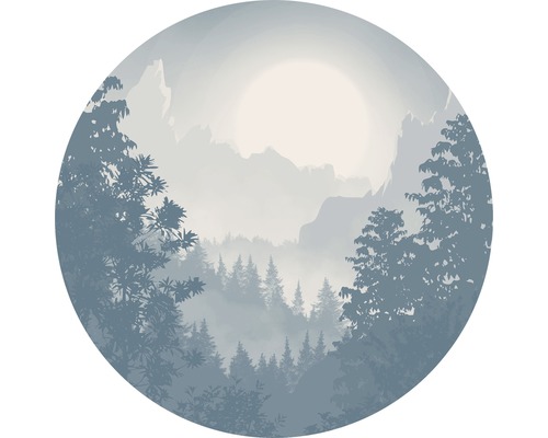 Fototapete selbstklebend D1-039 Dot Blue Valley Ø 125 cm Kreisförmiges Bild einer Nebellandschaft mit Bergen und Bäumen
