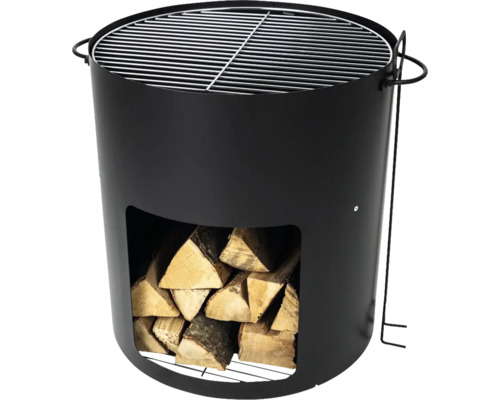 Schwarzer Holzkohlegrill mit Holzlager