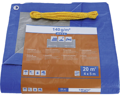 Blaue Abdeckplane mit gelbem Seil und Produktinformationen