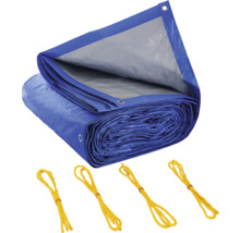 Blaue Abdeckplane mit Ösen und gelben Spannseilen