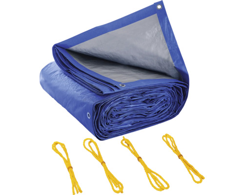 Blaue Abdeckplane mit Ösen und gelben Spannseilen