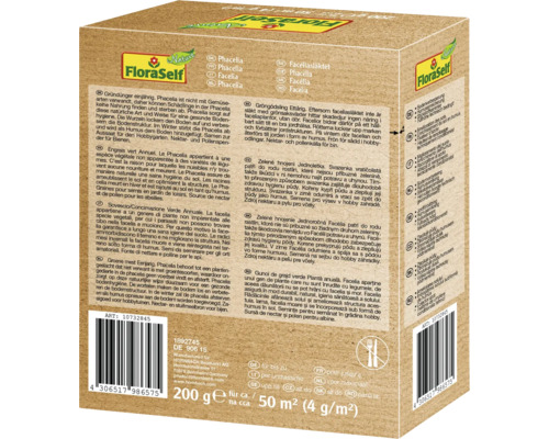 Emballage d''engrais vert FloraSelf Phacelia avec des informations sur l''utilisation et la composition