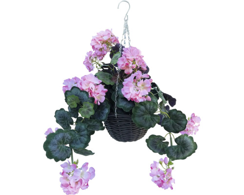 Fleur artificielle géranium dans un panier suspendu 43 cm rose vif